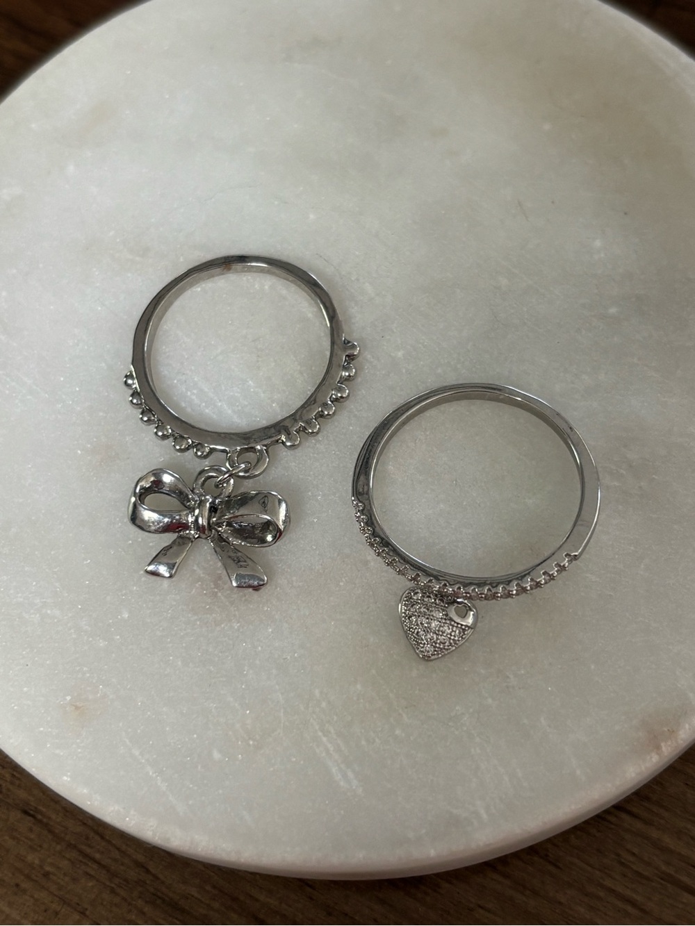 Silver Fashion Bow & Heart Charm Stacking Rings - Silver Set of 2